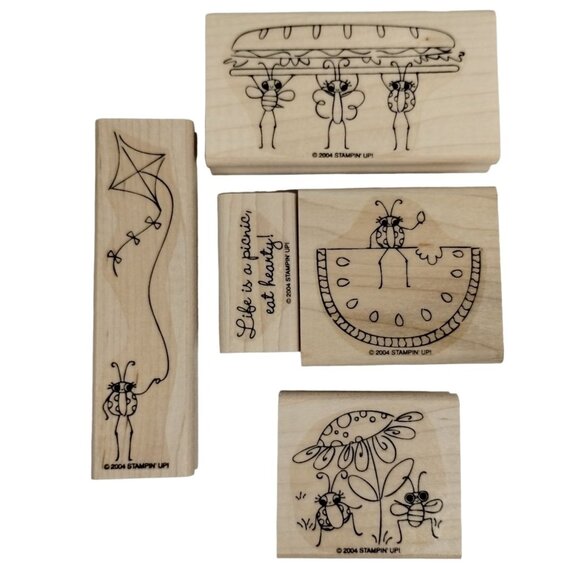 Stampin up Ladybug Picnic 5 Piece Mounted Rubber Stamp Set 2004 Summer - Picture 1 of 13